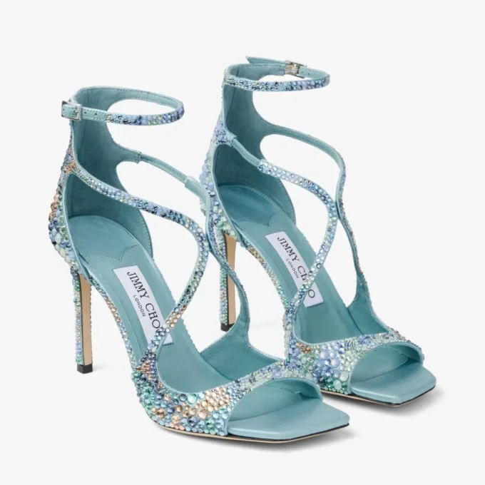 Azia 95 Sky Mix Satin Sandals with Multi Crystal Embellishment