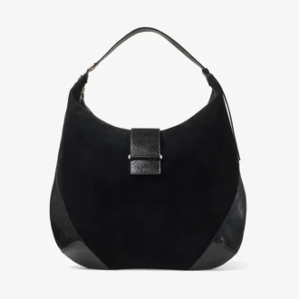 Bar Hobo Large Black Suede Shoulder Bag with Shiny Snake Printed Leather Trims