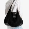 Bar Hobo Large Black Suede Shoulder Bag with Shiny Snake Printed Leather Trims