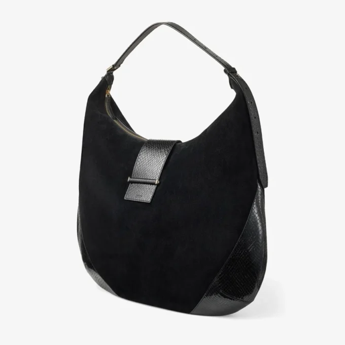 Bar Hobo Large Black Suede Shoulder Bag with Shiny Snake Printed Leather Trims