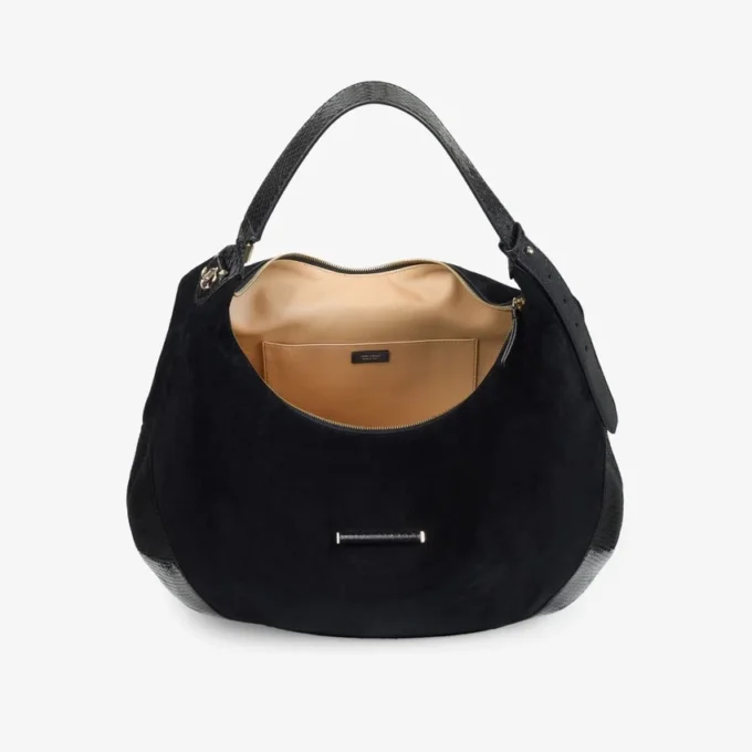 Bar Hobo Large Black Suede Shoulder Bag with Shiny Snake Printed Leather Trims