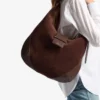 Bar Hobo M Chocolate Suede Shoulder Bag with Leather Trims