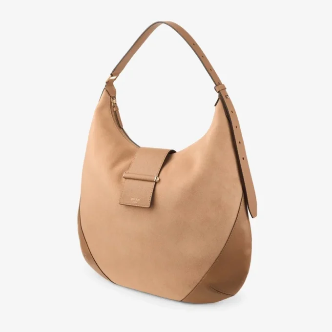 Bar Hobo M Toffee Suede Shoulder Bag with Biker Leather Trims