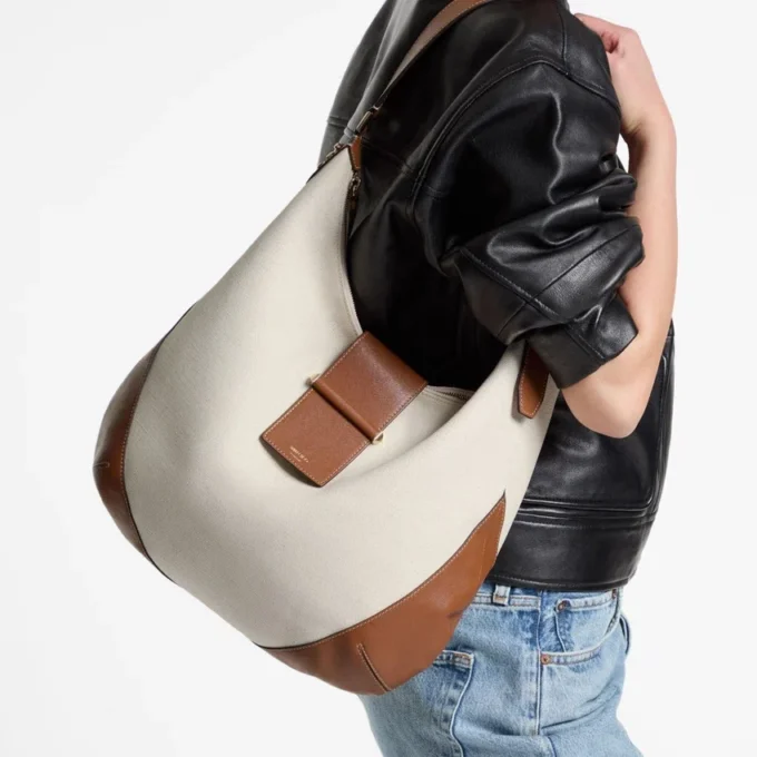 Bar Hobo Medium Natural and Tan Recycled Canvas Shoulder Bag with Biker Leather Trim