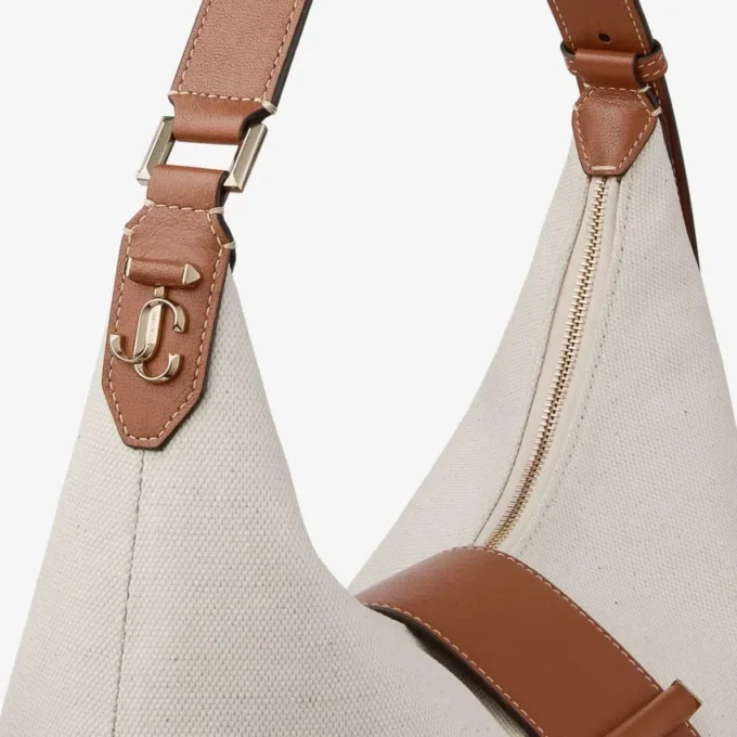 Bar Hobo Medium Natural and Tan Recycled Canvas Shoulder Bag with Biker Leather Trim