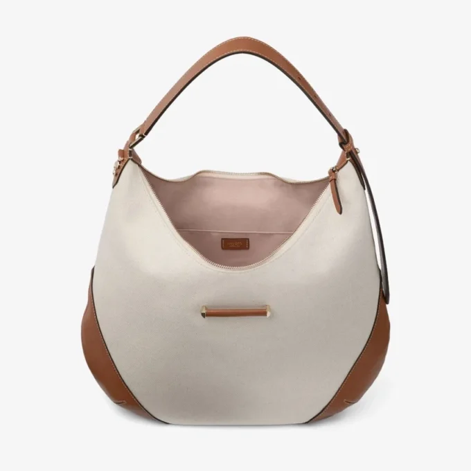Bar Hobo Medium Natural and Tan Recycled Canvas Shoulder Bag with Biker Leather Trim