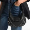 Bar Hobo Small Black Biker Leather Shoulder Bag with Pearl Studs