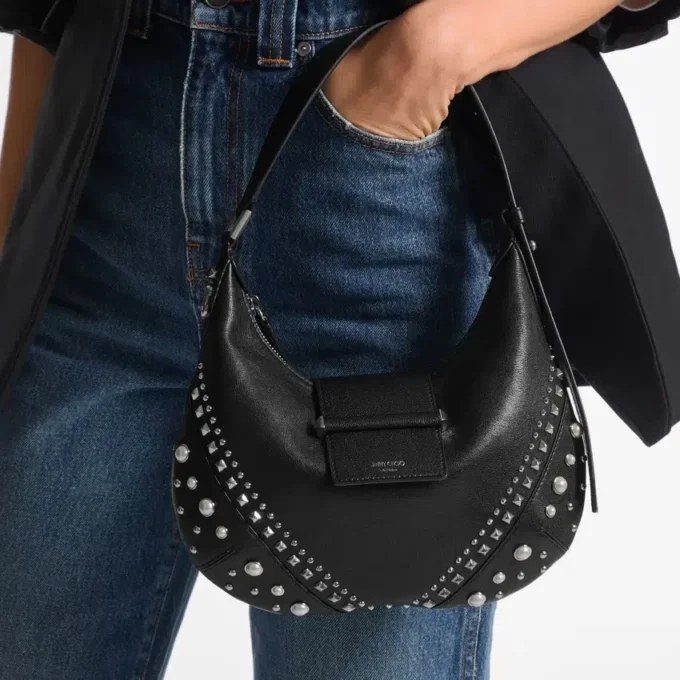 Bar Hobo Small Black Biker Leather Shoulder Bag with Pearl Studs