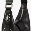 Bar Hobo Small Black Biker Leather Shoulder Bag with Pearl Studs