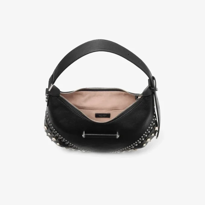Bar Hobo Small Black Biker Leather Shoulder Bag with Pearl Studs