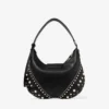 Bar Hobo Small Black Biker Leather Shoulder Bag with Pearl Studs