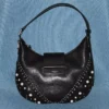 Bar Hobo Small Black Biker Leather Shoulder Bag with Pearl Studs