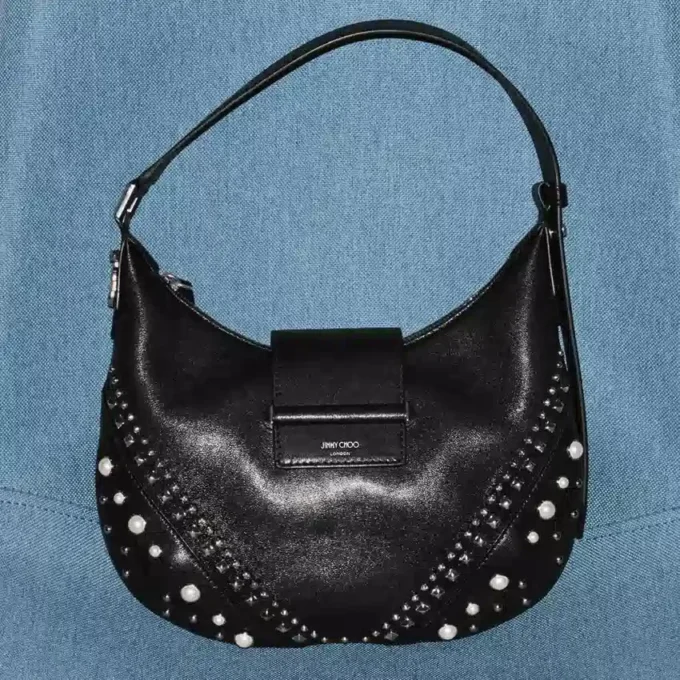 Bar Hobo Small Black Biker Leather Shoulder Bag with Pearl Studs