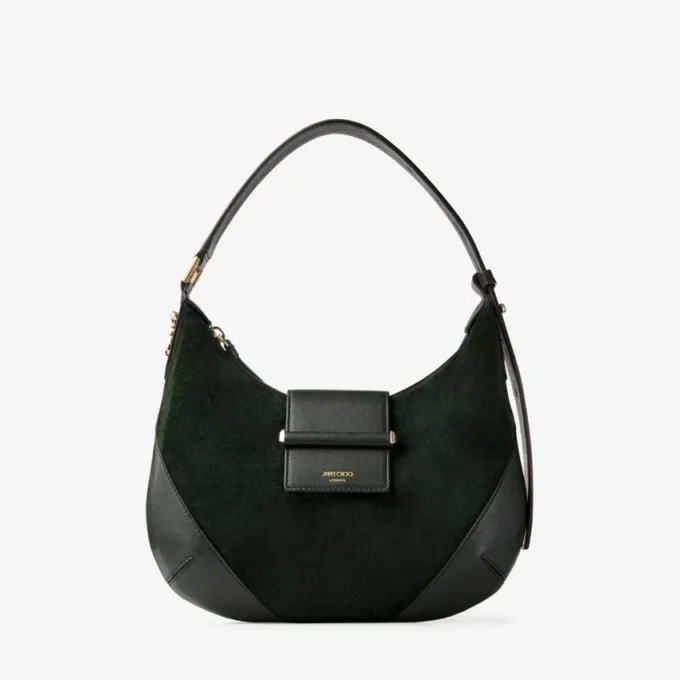 Bar Hobo Small British Green Suede Shoulder Bag with Biker Leather Trims