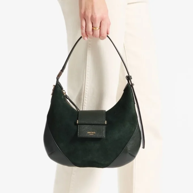 Bar Hobo Small British Green Suede Shoulder Bag with Biker Leather Trims