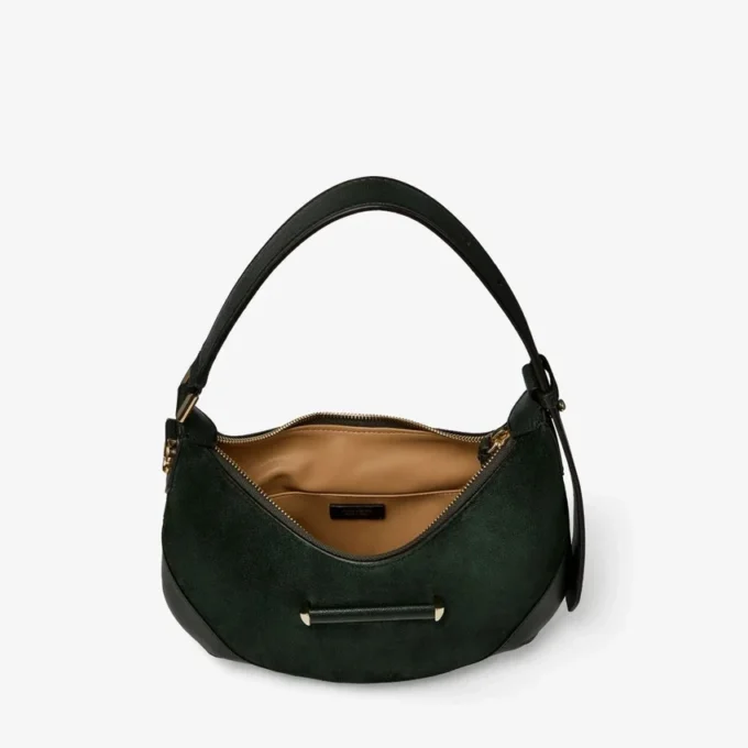 Bar Hobo Small British Green Suede Shoulder Bag with Biker Leather Trims