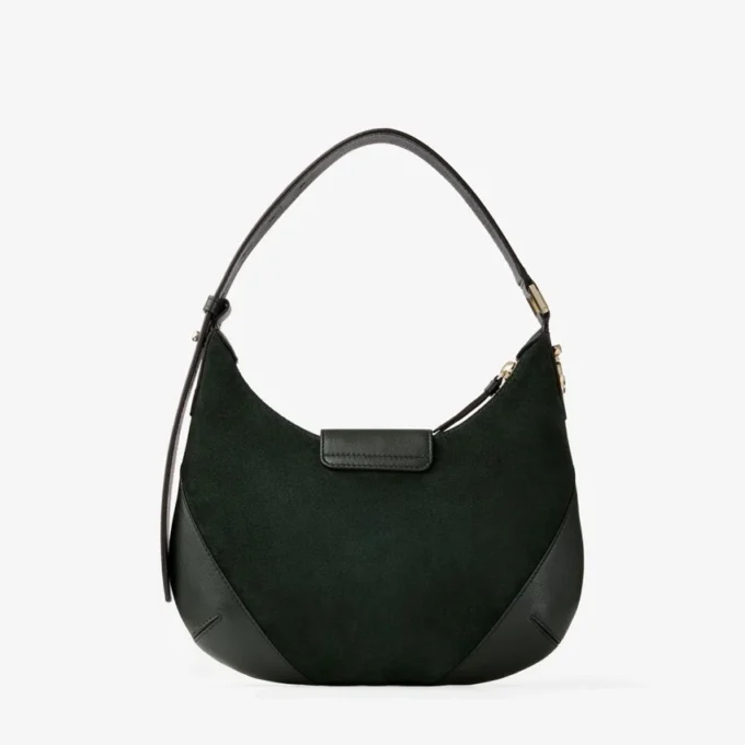 Bar Hobo Small British Green Suede Shoulder Bag with Biker Leather Trims