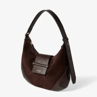 Bar Hobo Small Chocolate Suede Shoulder Bag with Biker Leather Trim