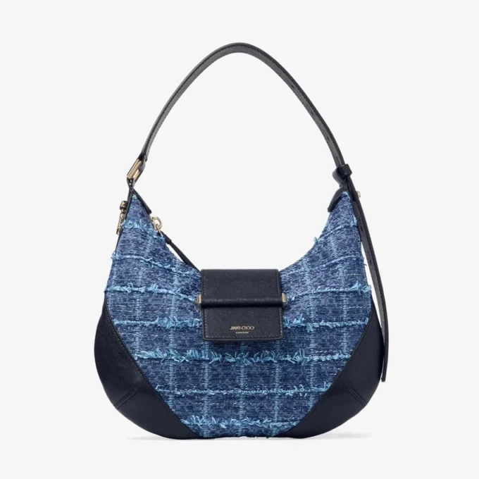 Bar Hobo Small Marine Crosshatch Denim Fabric Shoulder Bag with Biker Leather Trim