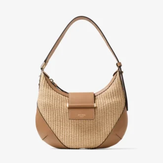 Bar Hobo Small Natural and Toffee Raffia Shoulder Bag with Smooth Calf Leather Trim