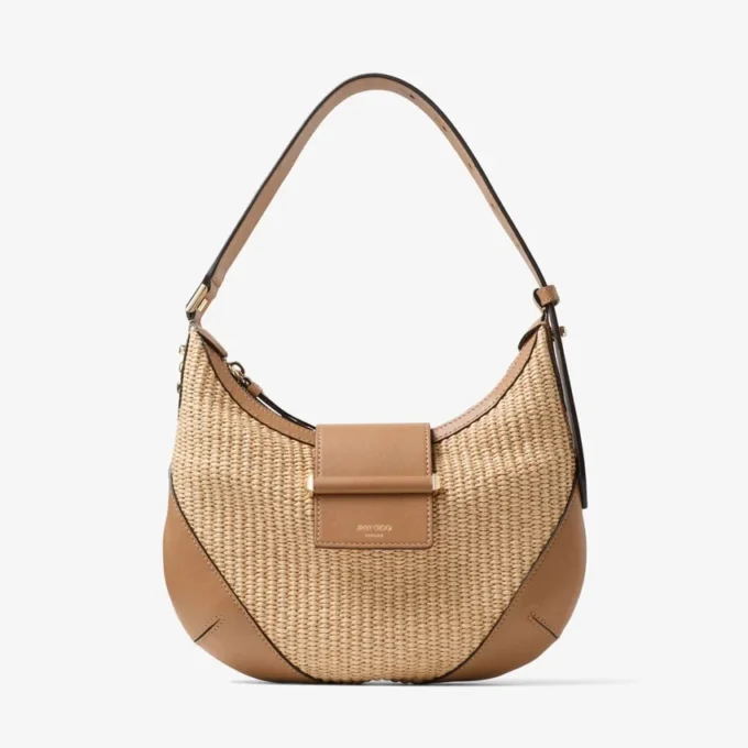 Bar Hobo Small Natural and Toffee Raffia Shoulder Bag with Smooth Calf Leather Trim