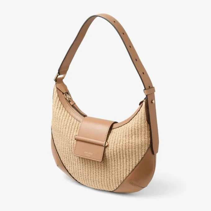Bar Hobo Small Natural and Toffee Raffia Shoulder Bag with Smooth Calf Leather Trim