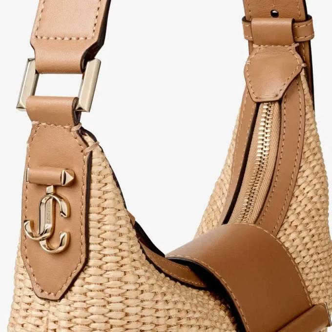 Bar Hobo Small Natural and Toffee Raffia Shoulder Bag with Smooth Calf Leather Trim