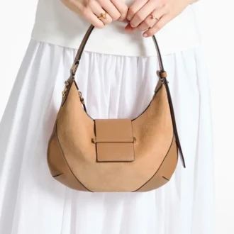 Bar Hobo Small Toffee Suede Shoulder Bag with Biker Leather Trim