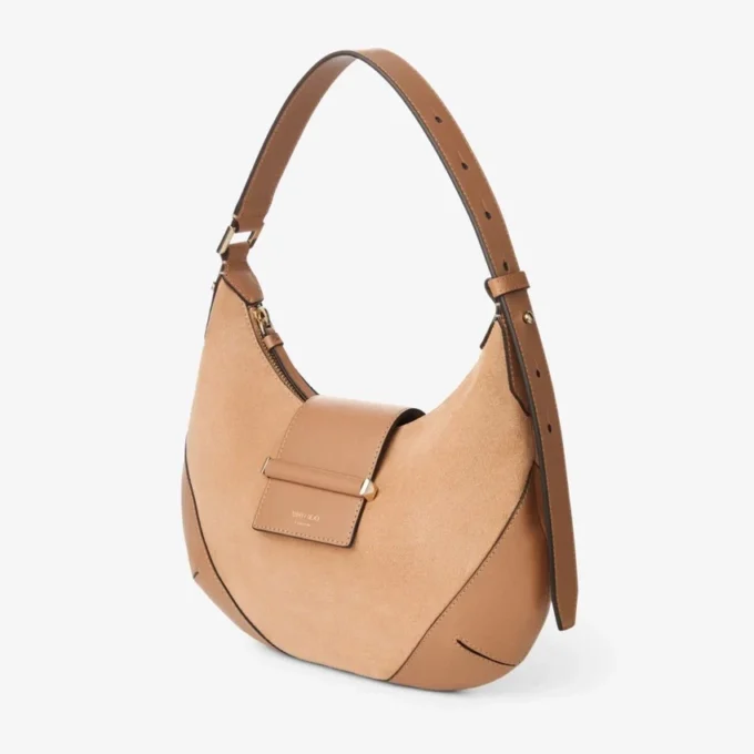Bar Hobo Small Toffee Suede Shoulder Bag with Biker Leather Trim