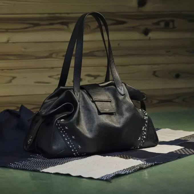 Bar Holdall Large Black Soft Grained Calf Skin Tote Bag with Textured Stars