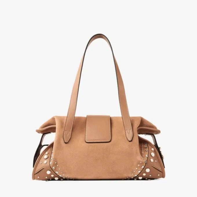 Bar Holdall Medium Toffee Suede Holdall Bag with Biker Leather Trim and Pearl Studs