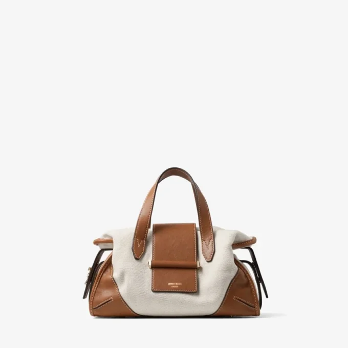Bar Holdall Small Natural and Tan Recycled Canvas Holdall Bag with Biker Leather Trim
