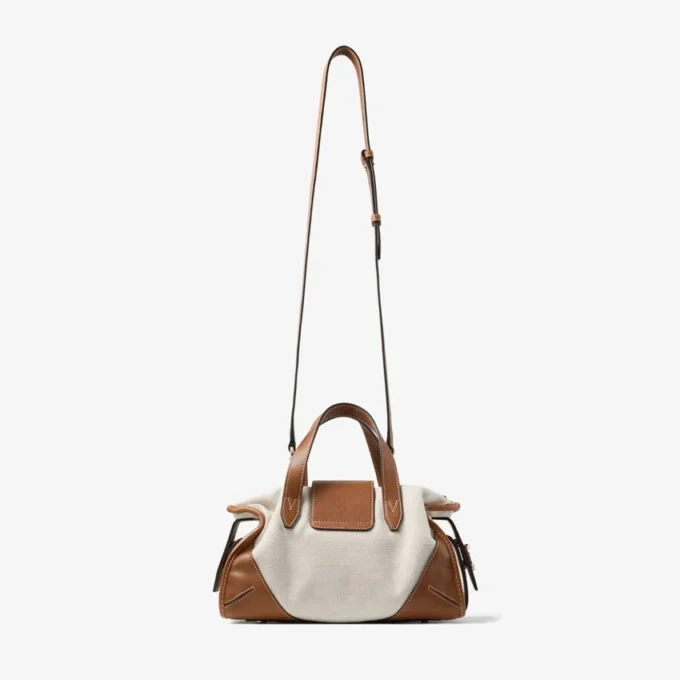 Bar Holdall Small Natural and Tan Recycled Canvas Holdall Bag with Biker Leather Trim