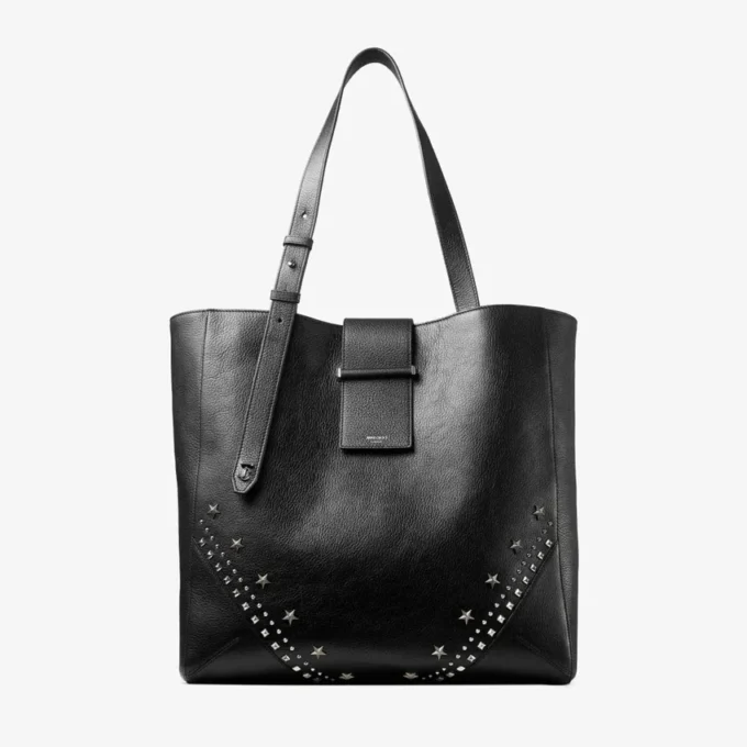 Bar Vertical Tote Medium Black Soft Grained Calf Skin Tote Bag with Textured Stars