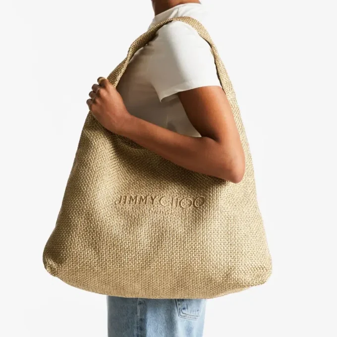 Beach Diamond Hobo Large Gold and Dark Cappuccino Metallic Raffia Shoulder Bag