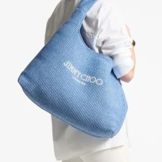 Beach Diamond Hobo Large Ocean Blue and Ecru Raffia Shoulder Bag
