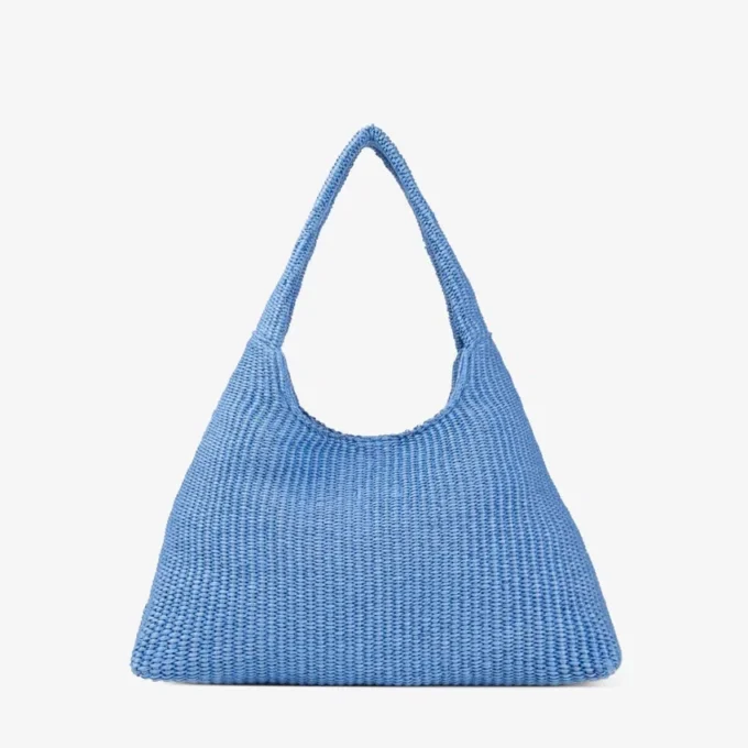 Beach Diamond Hobo Large Ocean Blue and Ecru Raffia Shoulder Bag