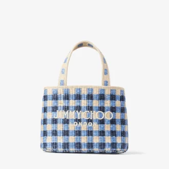 Beach Tote East-West Mini Marine Mix and Ecru Gingham Raffia Mini Beach Top Handle Tote Bag
