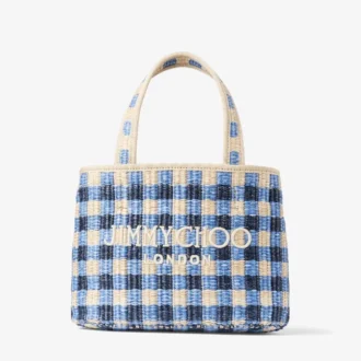 Beach Tote East-West Mini Marine Mix and Ecru Gingham Raffia Mini Beach Top Handle Tote Bag