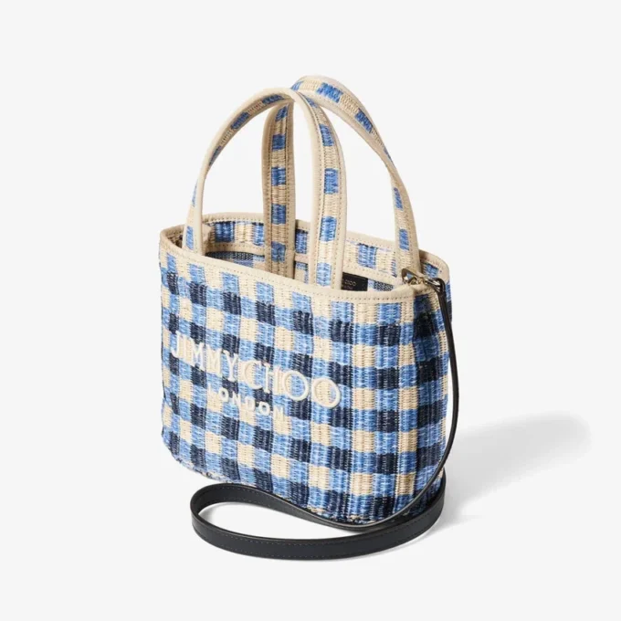 Beach Tote East-West Mini Marine Mix and Ecru Gingham Raffia Mini Beach Top Handle Tote Bag