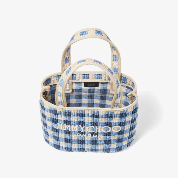 Beach Tote East-West Mini Marine Mix and Ecru Gingham Raffia Mini Beach Top Handle Tote Bag
