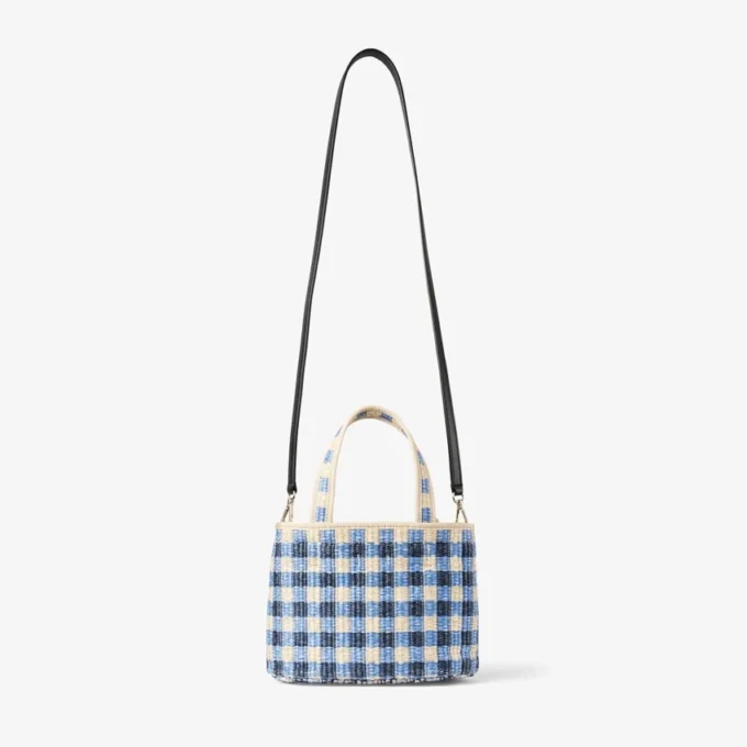 Beach Tote East-West Mini Marine Mix and Ecru Gingham Raffia Mini Beach Top Handle Tote Bag