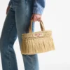 Beach Tote East-West Mini Natural and Light Gold Woven Raffia Mini Beach Tote Bag with Fringes