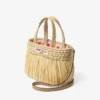Beach Tote East-West Mini Natural and Light Gold Woven Raffia Mini Beach Tote Bag with Fringes