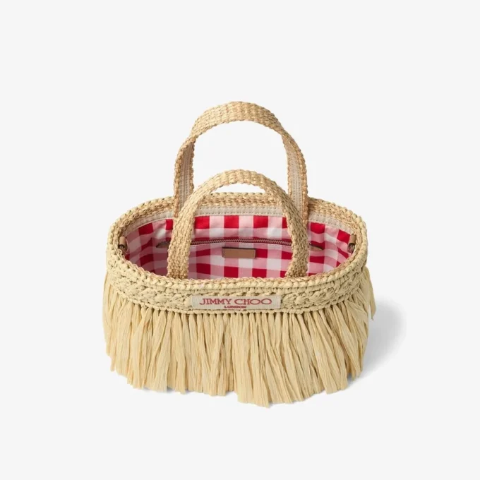 Beach Tote East-West Mini Natural and Light Gold Woven Raffia Mini Beach Tote Bag with Fringes