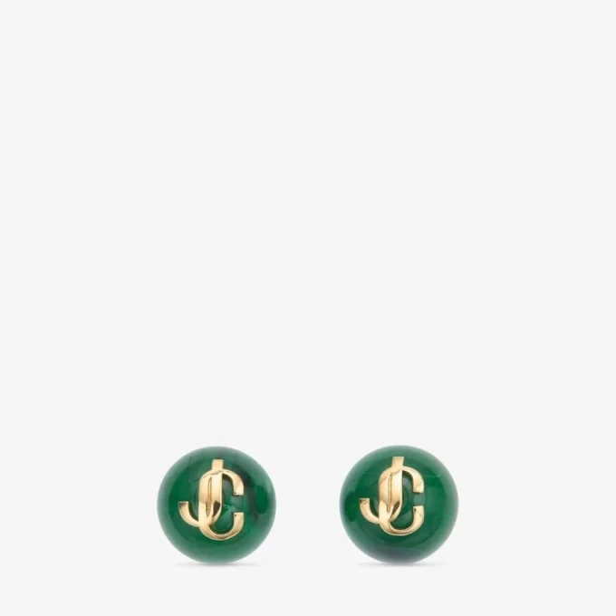 Beads Earrings Dark Green and Gold Finish Metal and Acrylic Stud Earrings