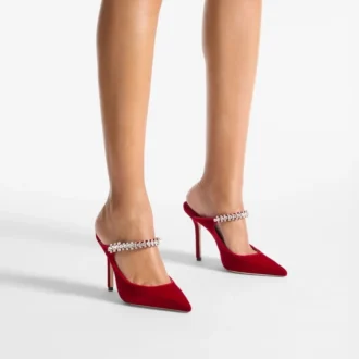 Bing 100 Ruby Red Velvet Mules with Crystal Embellishment