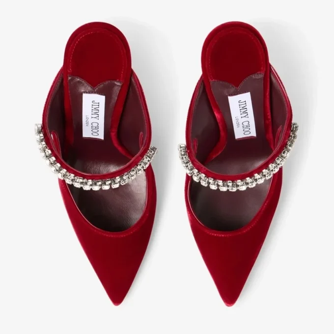 Bing 100 Ruby Red Velvet Mules with Crystal Embellishment