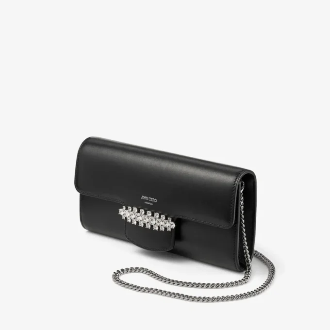 Bing Wallet Chain Black Leather Mini Shoulder Bag with Crystal Piece