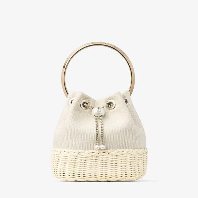 Bon Bon Almond Mix Flecked Canvas and Wicker Bucket Bag